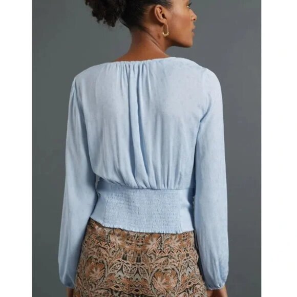 ANTHROPOLOGIE Sleek Jacquard Satin Twist Slouchy Faux Wrap Blouse Blue LARGE - Picture 2 of 11